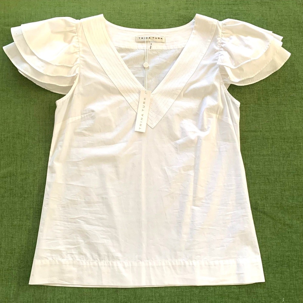NWT Trina Turk  Shasta White Cotton Flutter Sleeve Topstitched V-neck Top S 2 4